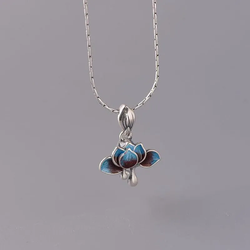 New Silver Enamel Lotus Blue Pendant Necklace