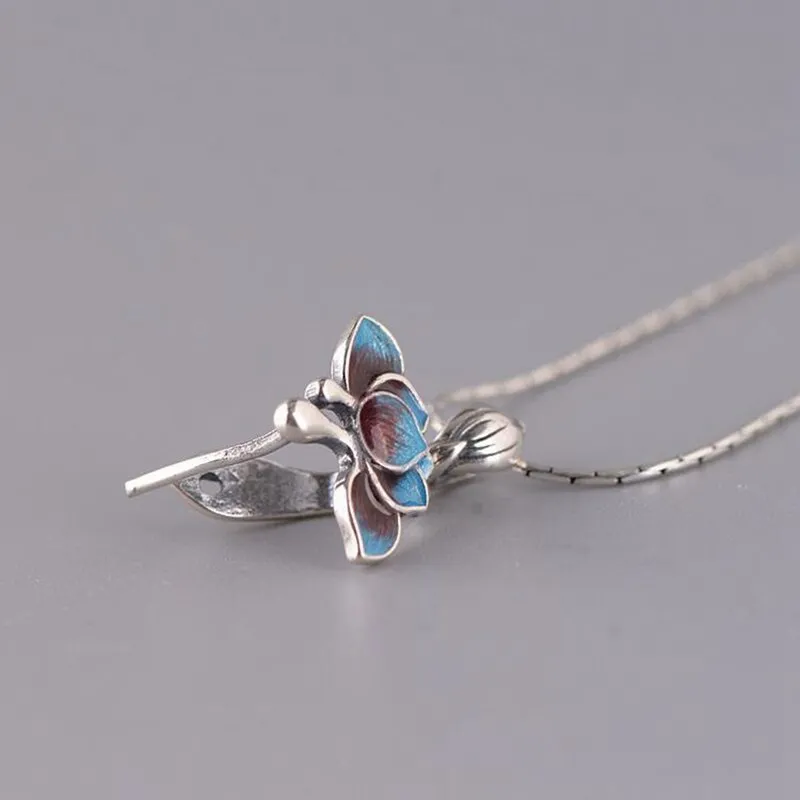 New Silver Enamel Lotus Blue Pendant Necklace