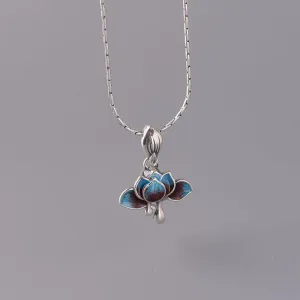 New Silver Enamel Lotus Blue Pendant Necklace