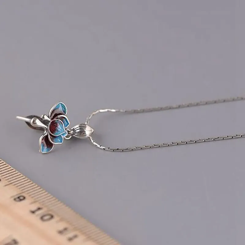 New Silver Enamel Lotus Blue Pendant Necklace