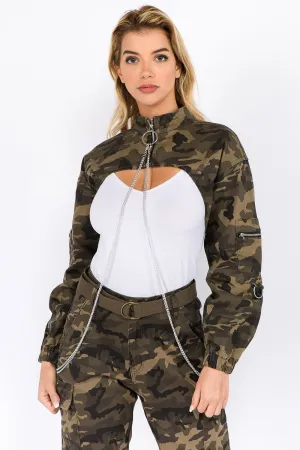 Olive Camouflage Cropped Denim Jacket with Chains