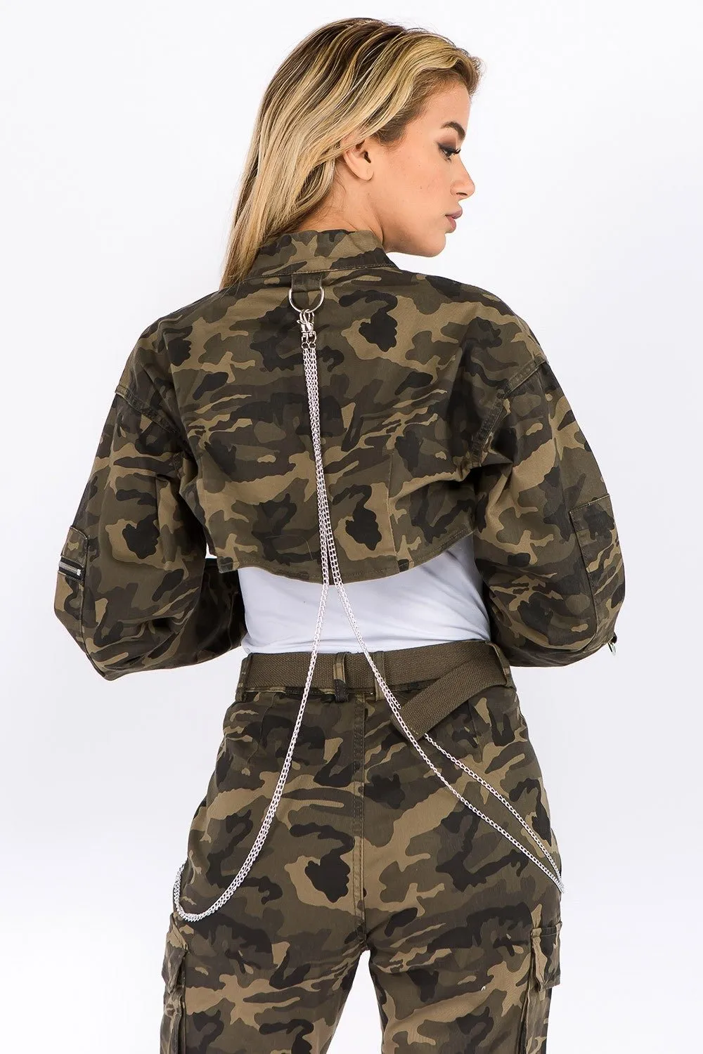 Olive Camouflage Cropped Denim Jacket with Chains