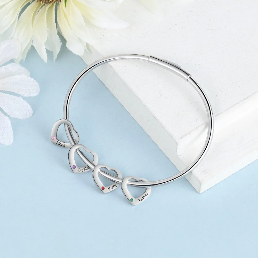 Personalized Engraved 4 Names And 4 Stones Heart-Shaped Charm Bracelet