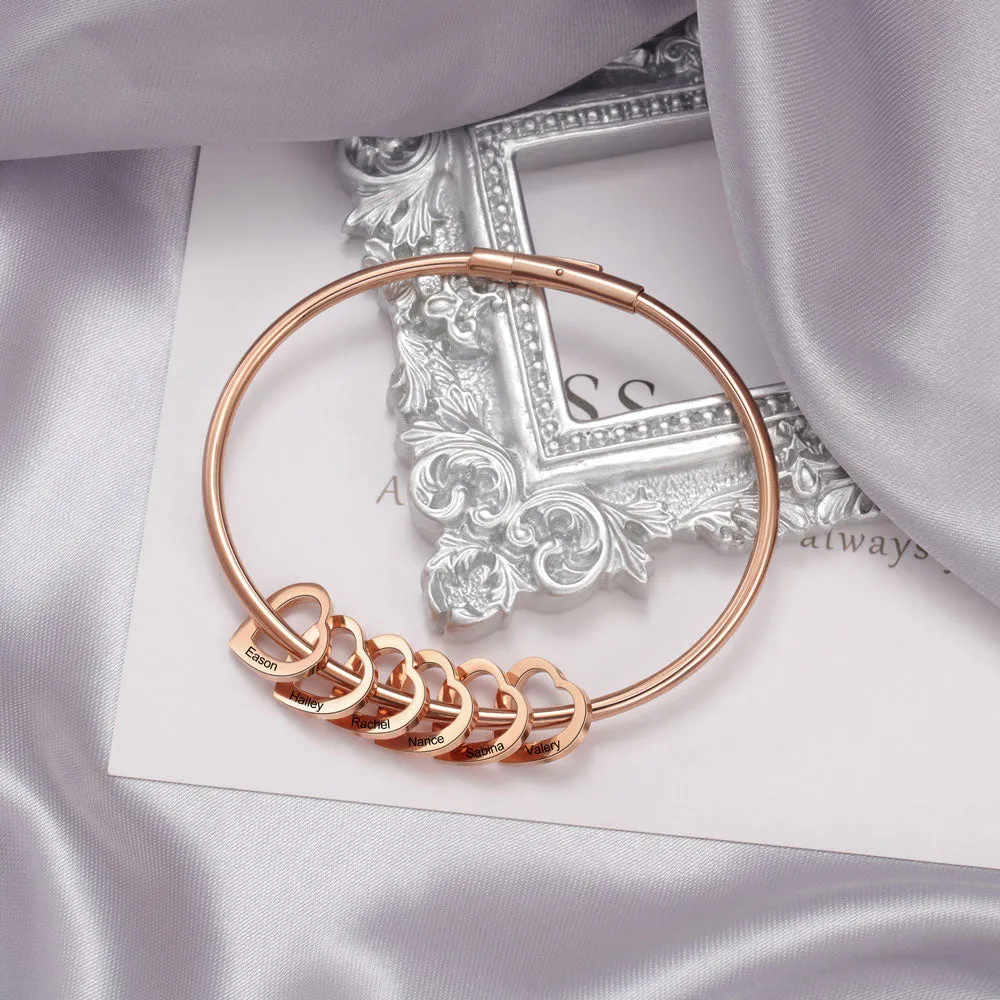 Personalized Engraved Name Heart Charm Bracelets for Women Customized Stainless Steel Bangles Mothers Day Gifts for Family