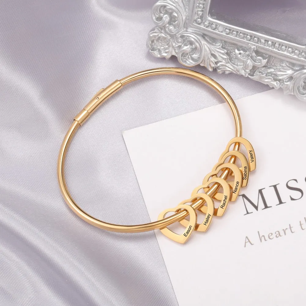 Personalized Engraved Name Heart Charm Bracelets for Women Customized Stainless Steel Bangles Mothers Day Gifts for Family