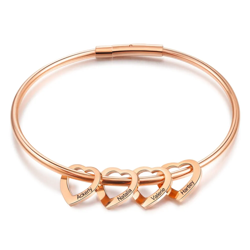 Personalized Engraved Name Heart Charm Bracelets for Women Customized Stainless Steel Bangles Mothers Day Gifts for Family