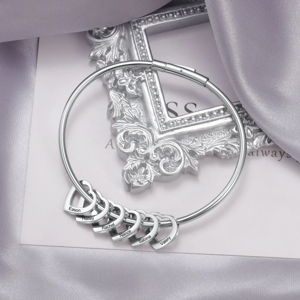 Personalized Engraved Name Heart Charm Bracelets for Women Customized Stainless Steel Bangles Mothers Day Gifts for Family