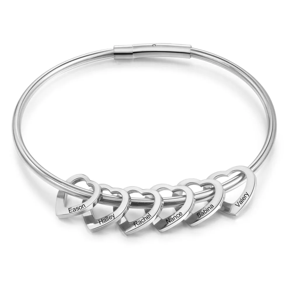 Personalized Engraved Name Heart Charm Bracelets for Women Customized Stainless Steel Bangles Mothers Day Gifts for Family