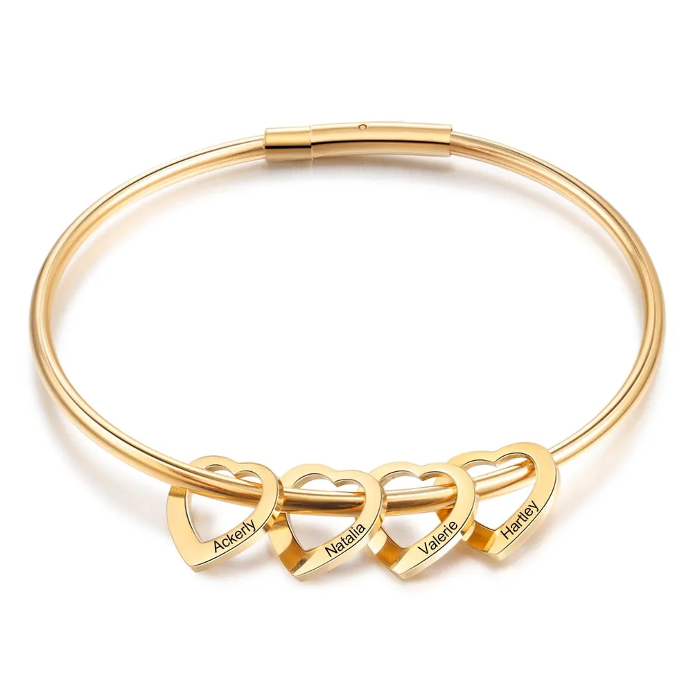 Personalized Engraved Name Heart Charm Bracelets for Women Customized Stainless Steel Bangles Mothers Day Gifts for Family