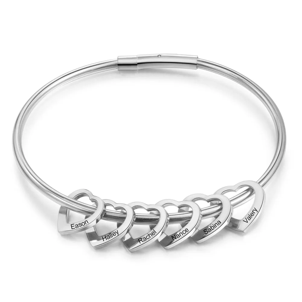 Personalized Engraved Name Heart Charm Bracelets for Women Customized Stainless Steel Bangles Mothers Day Gifts for Family