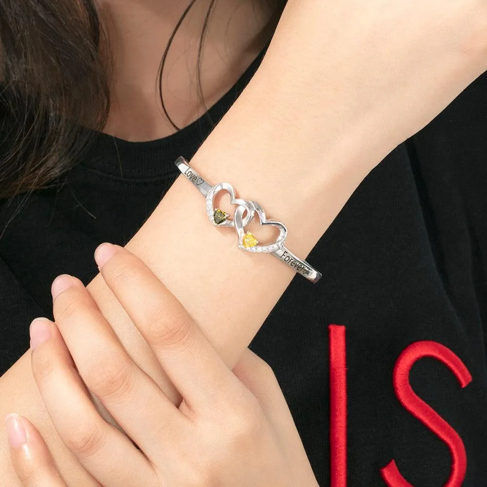 Personalized Silver Color Intertwined Heart with 2 Birthstones Engrave Name Bracelet & Bangle