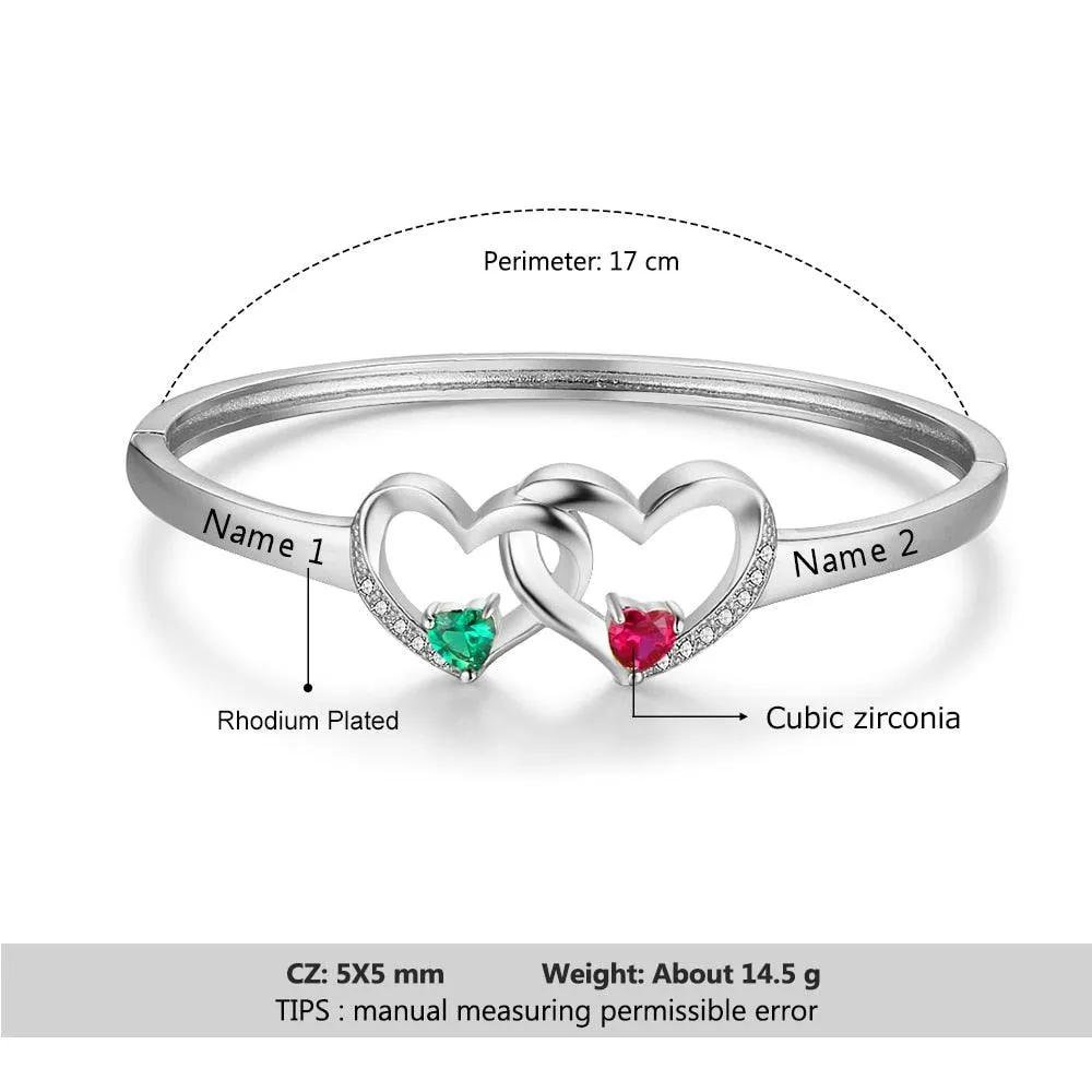Personalized Silver Color Intertwined Heart with 2 Birthstones Engrave Name Bracelet & Bangle