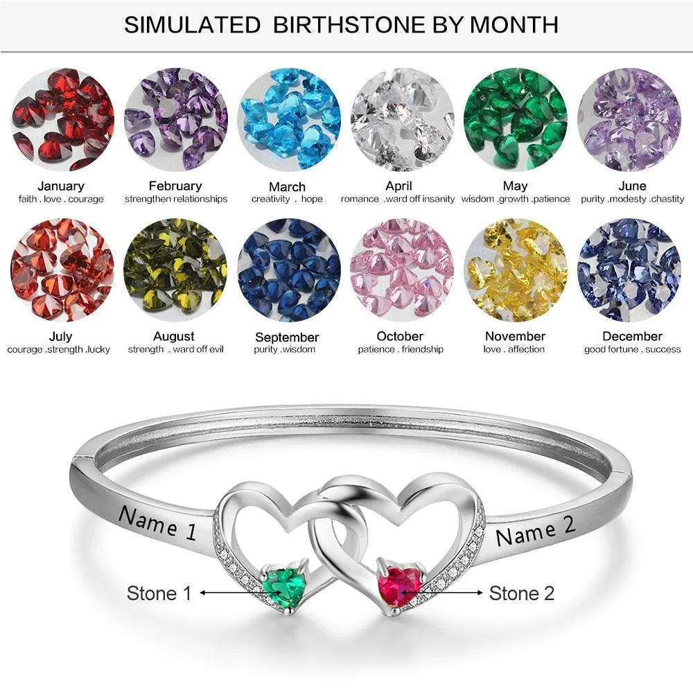 Personalized Silver Color Intertwined Heart with 2 Birthstones Engrave Name Bracelet & Bangle