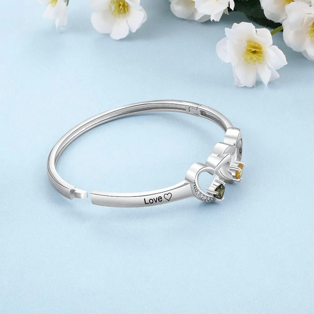 Personalized Silver Color Intertwined Heart with 2 Birthstones Engrave Name Bracelet & Bangle