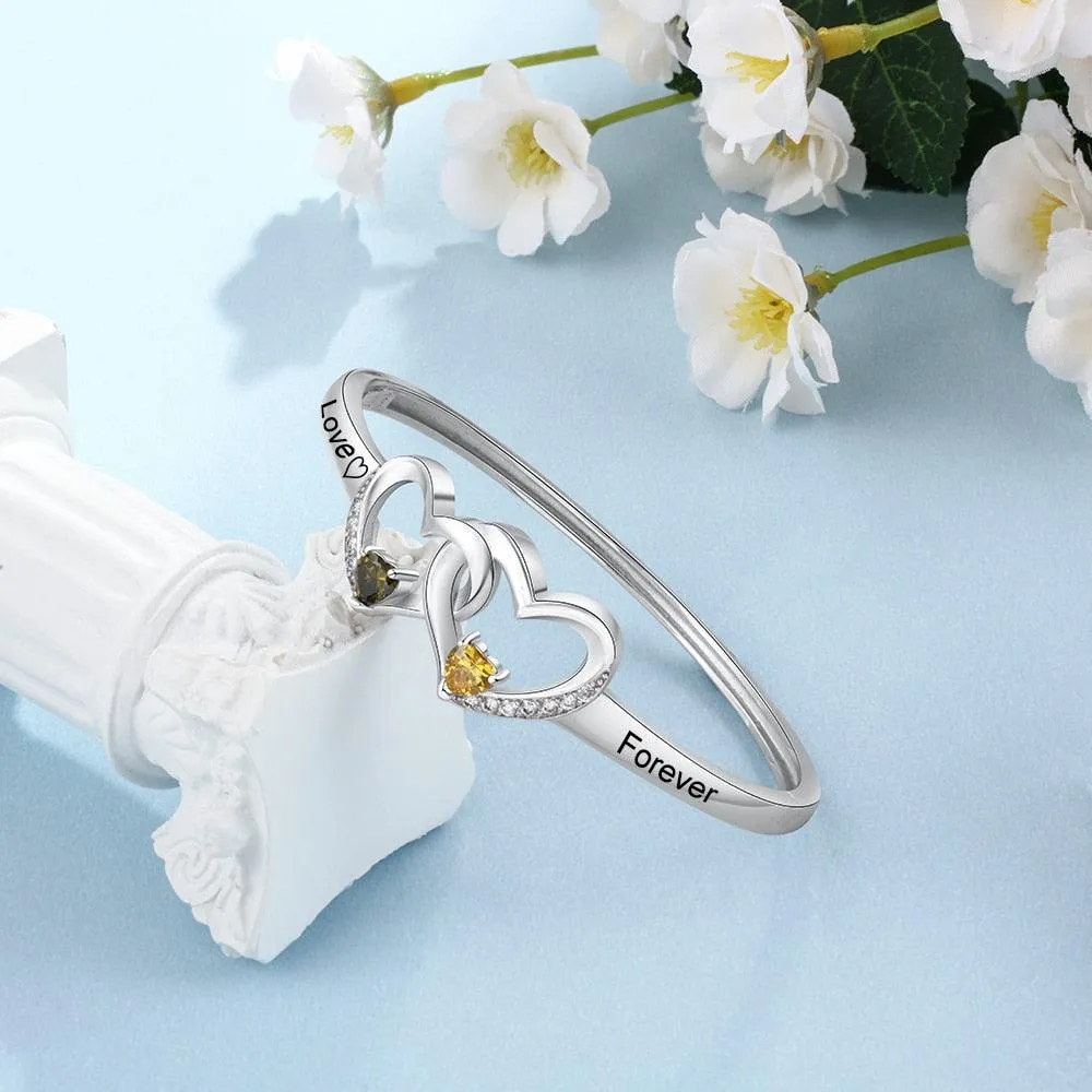 Personalized Silver Color Intertwined Heart with 2 Birthstones Engrave Name Bracelet & Bangle
