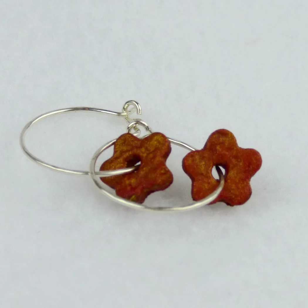 Petite Pumpkin Orange Rustic Leather Floral Earrings with Sterling Silver Hoops