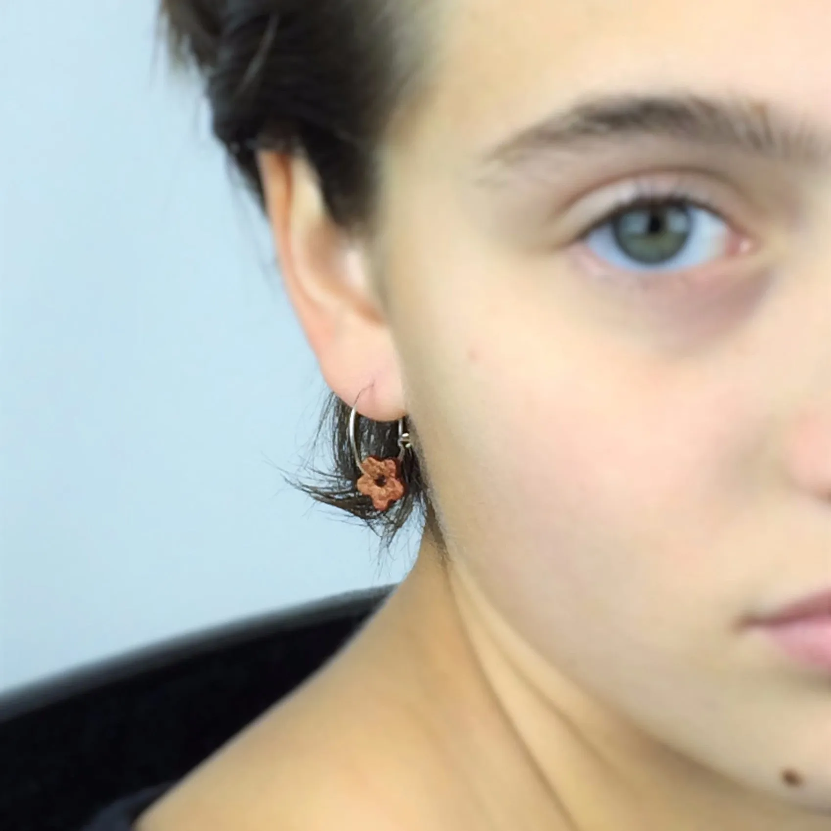 Petite Pumpkin Orange Rustic Leather Floral Earrings with Sterling Silver Hoops