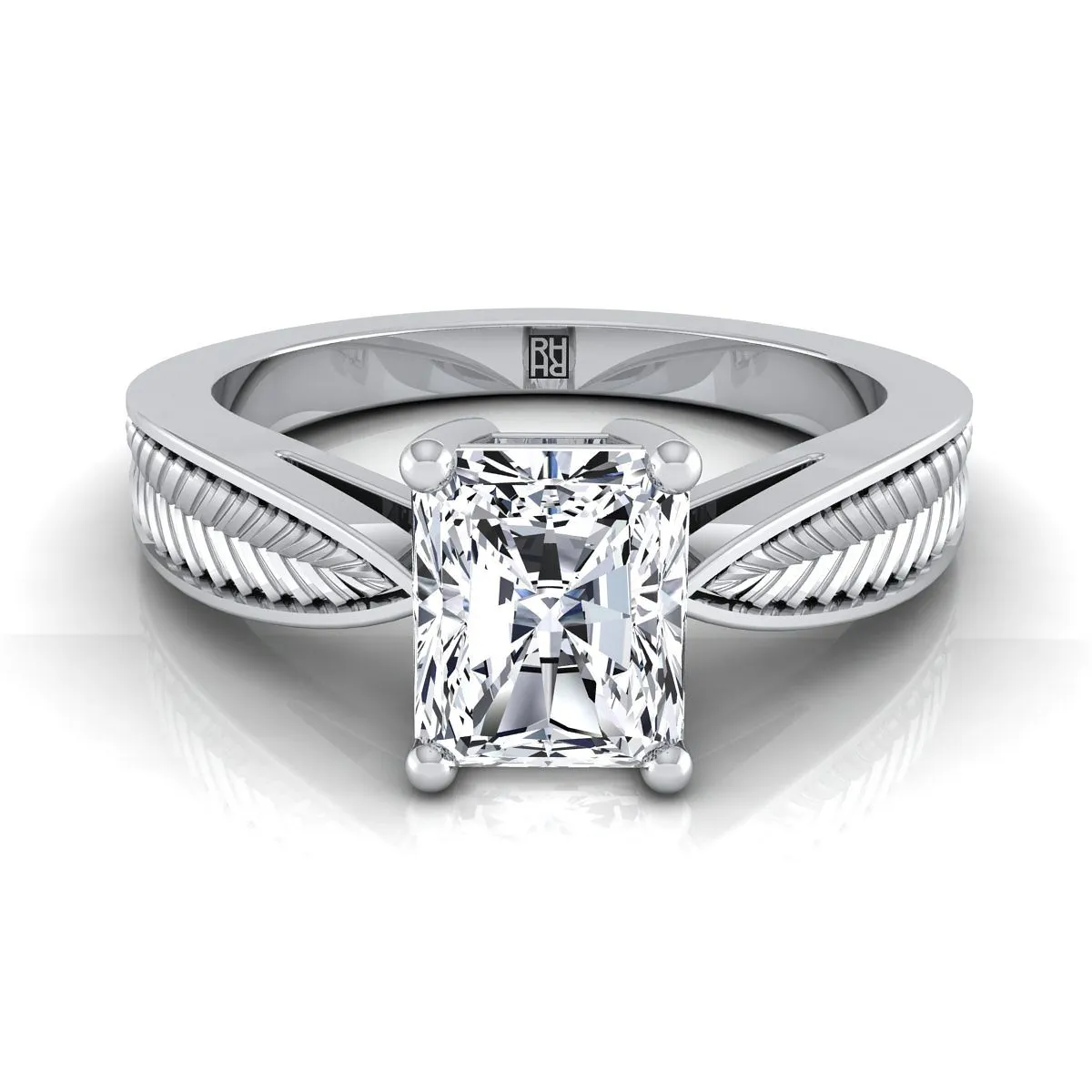 Platinum Radiant Cut Center Vintage Inspired Leaf Pattern Pinched Solitaire Engagement Ring