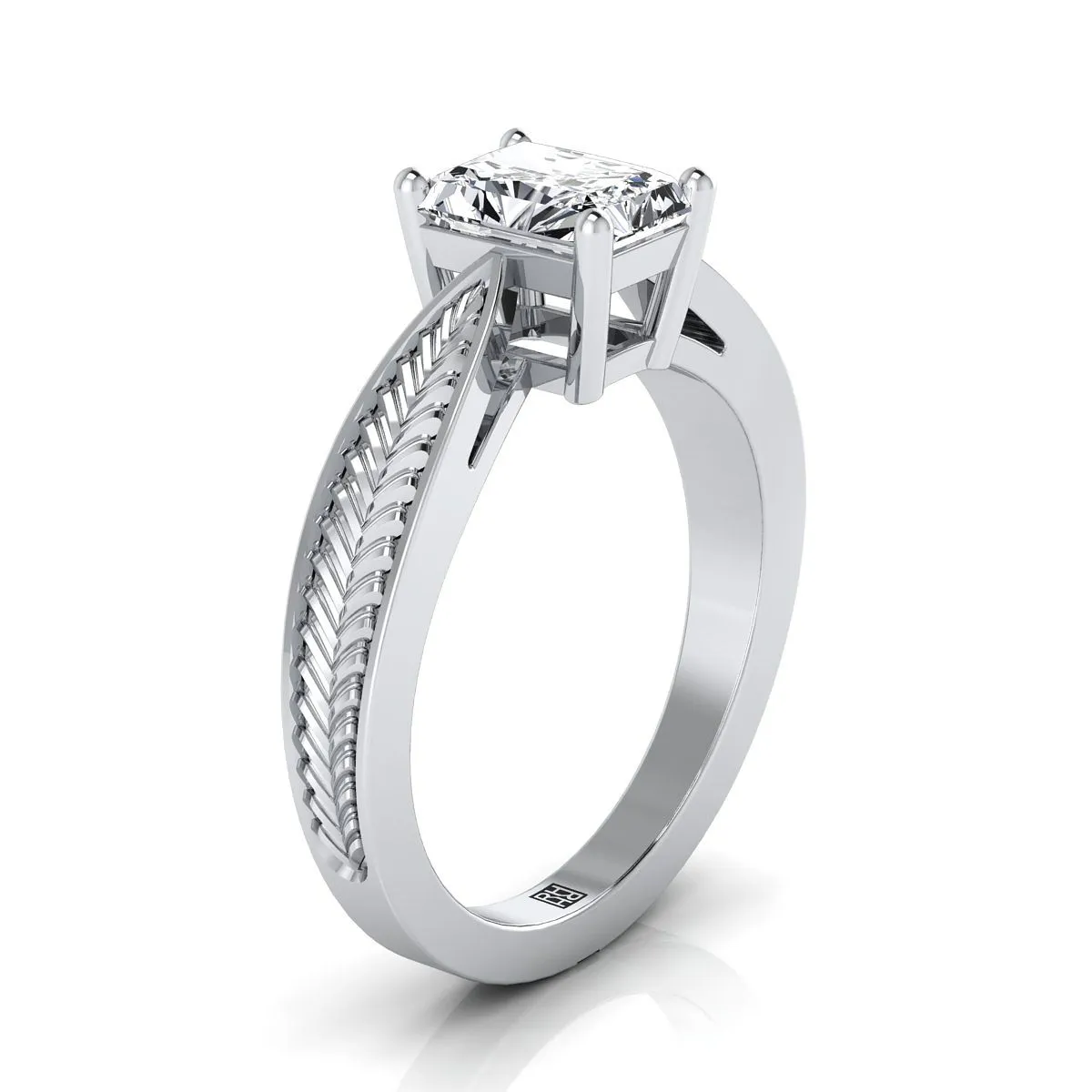 Platinum Radiant Cut Center Vintage Inspired Leaf Pattern Pinched Solitaire Engagement Ring
