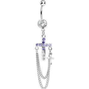 Purple Gem Cross Chain Dangle Belly Ring