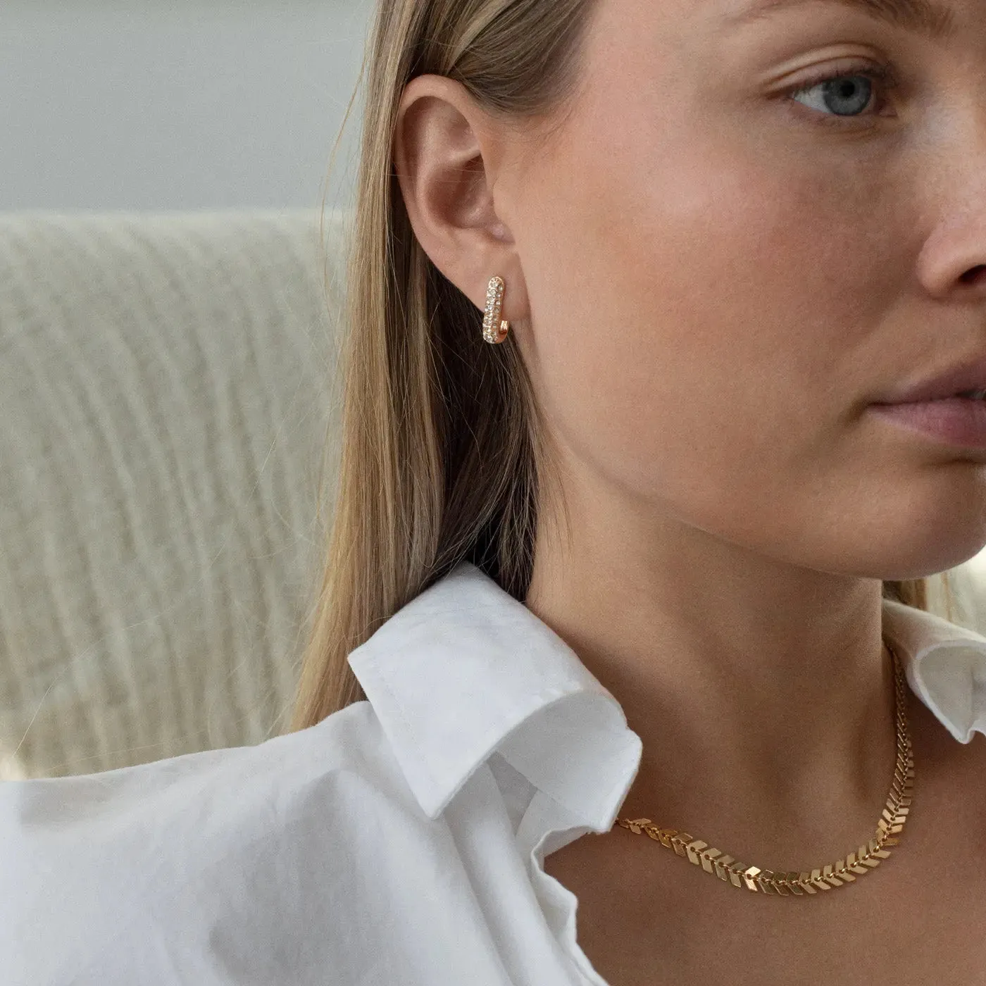 Rectangular Clear Crystal Hoop Earring Gold