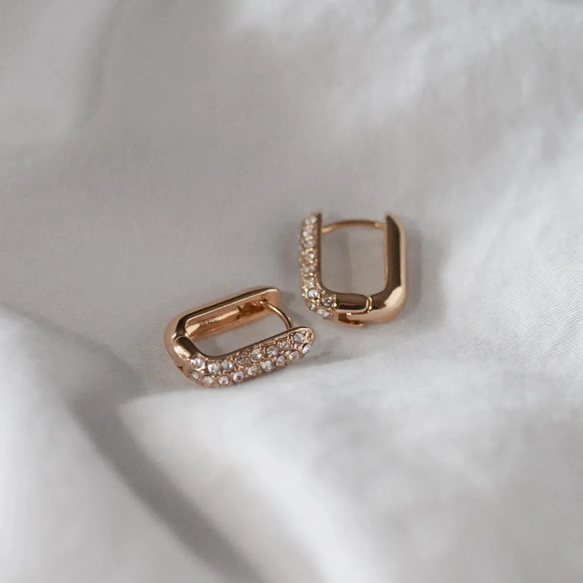 Rectangular Clear Crystal Hoop Earring Gold