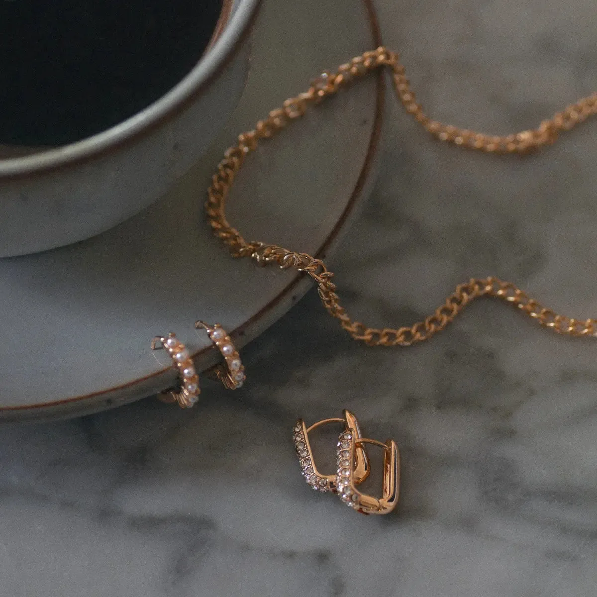 Rectangular Clear Crystal Hoop Earring Gold