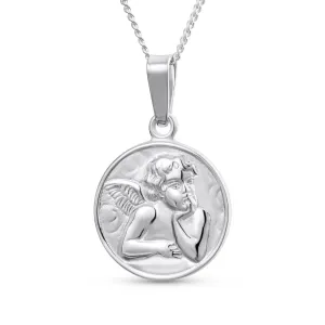 Religious Guardian Angel Cherub Pendant Necklace in Sterling Silver Round Disc Medal