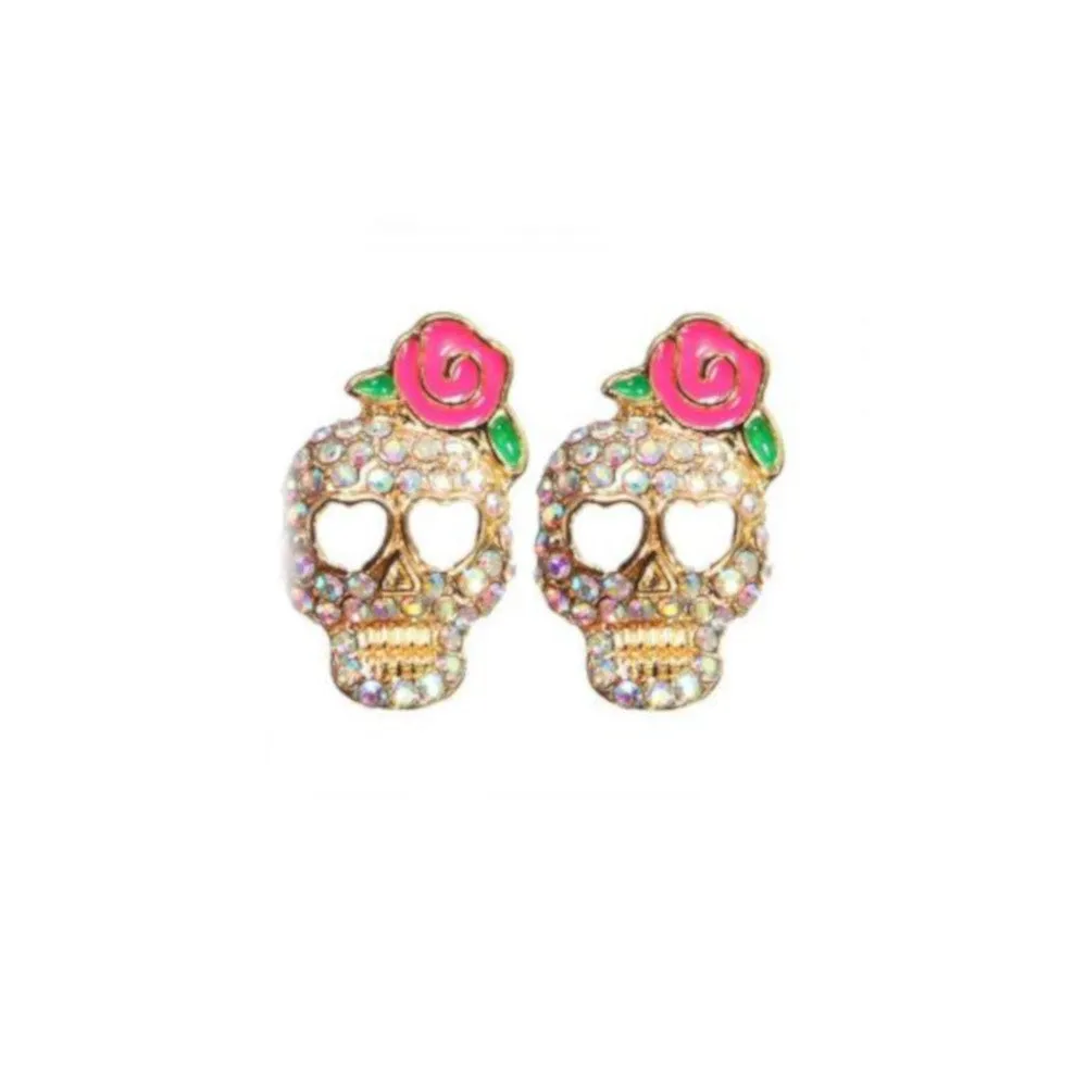 Rhinestone Skull Studs with Rose