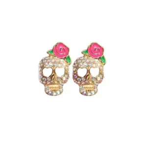 Rhinestone Skull Studs with Rose