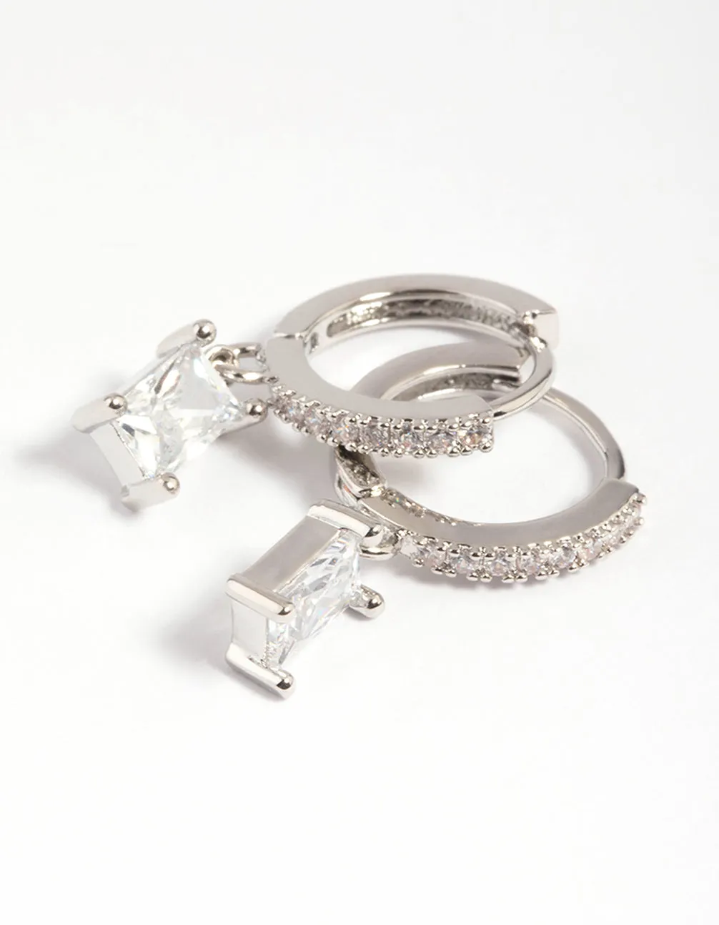 Rhodium Rectangular Cubic Zirconia Huggie Hoop Earrings