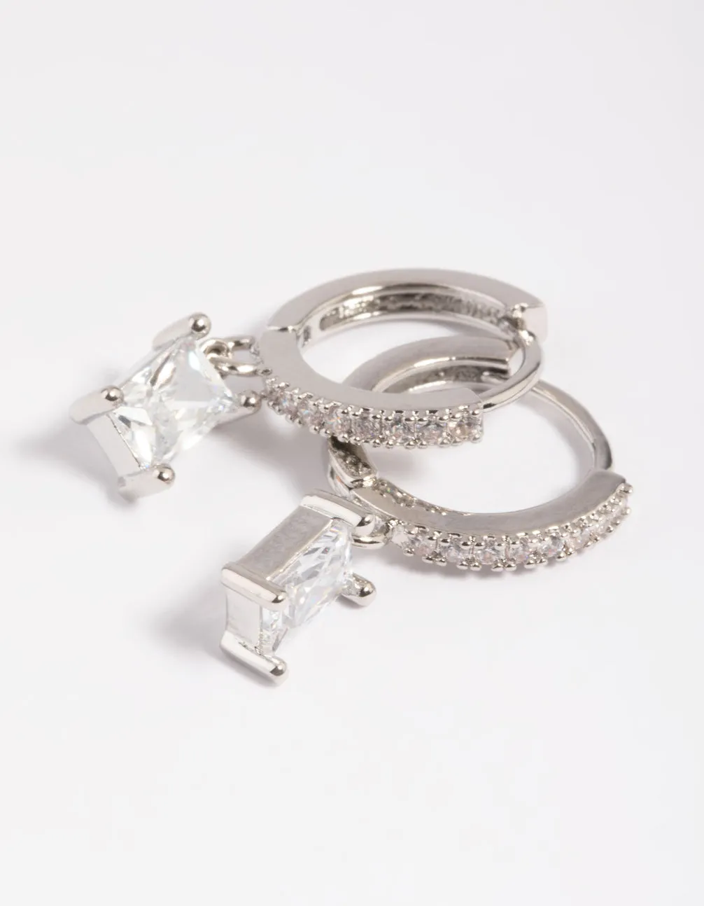 Rhodium Rectangular Cubic Zirconia Huggie Hoop Earrings