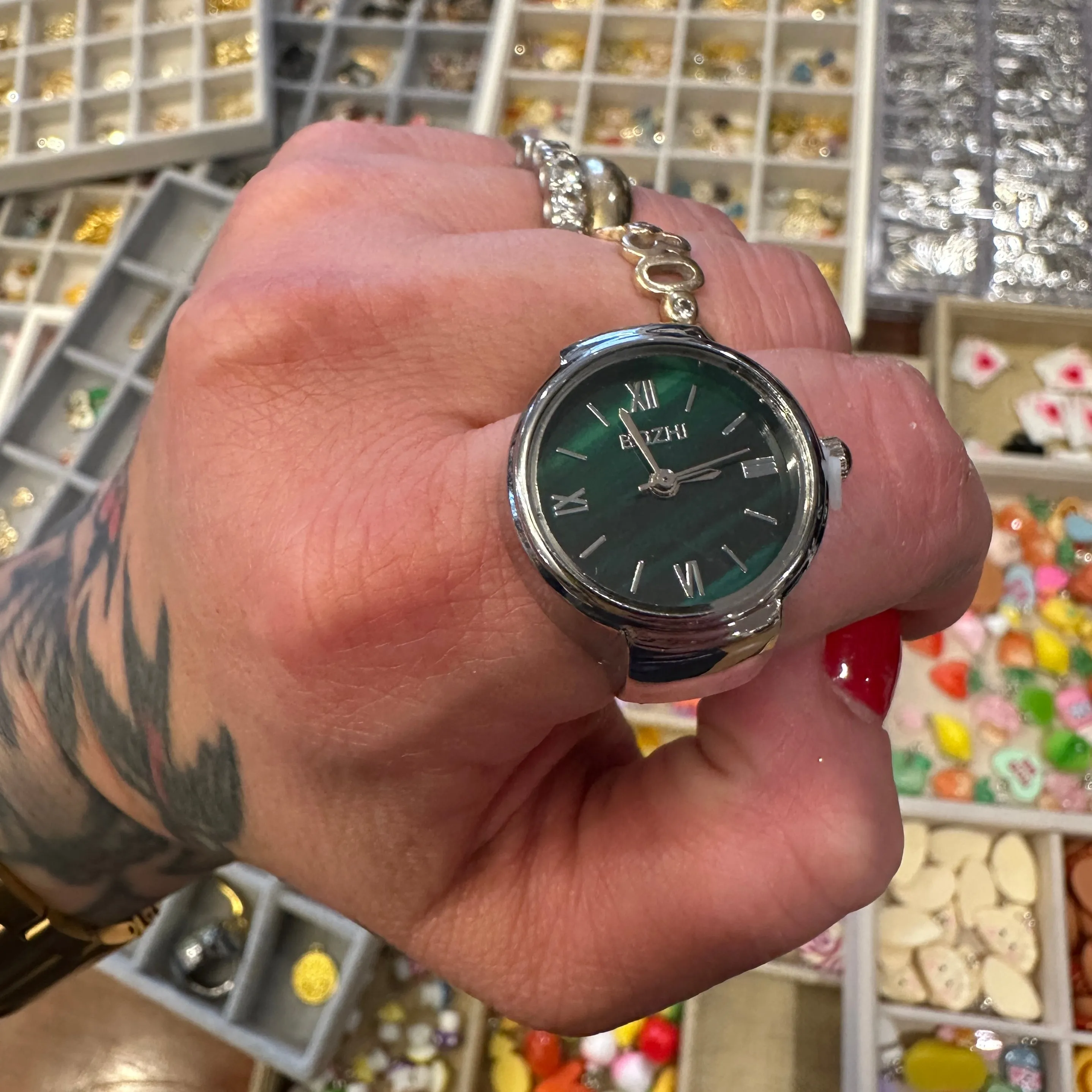 Ring Watch Adjustable - Silver/Green