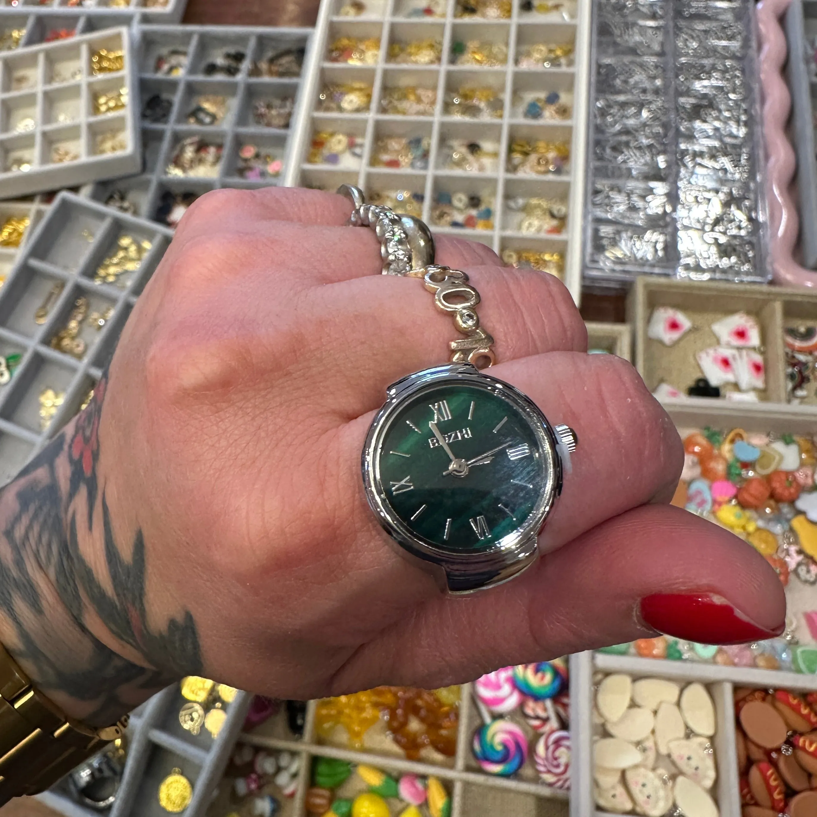 Ring Watch Adjustable - Silver/Green