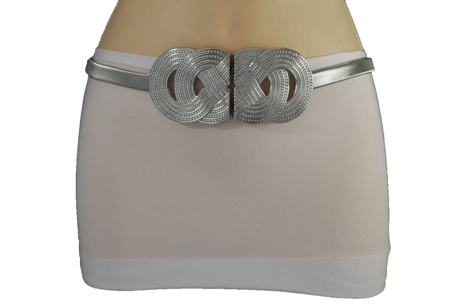 Silver Gold Metal Band Elastic Hip Waist Belt Big Braid Buckle Plus Size