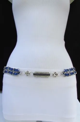Silver Metal Chain with Colorful Shiny Fabric Skinny Belt