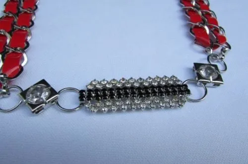 Silver Metal Chain with Colorful Shiny Fabric Skinny Belt