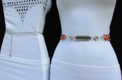 Silver Metal Chain with Colorful Shiny Fabric Skinny Belt