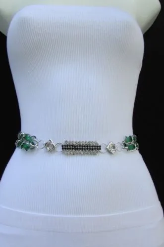 Silver Metal Chain with Colorful Shiny Fabric Skinny Belt