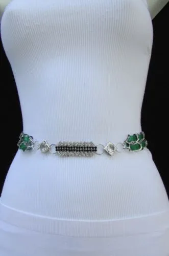 Silver Metal Chain with Colorful Shiny Fabric Skinny Belt
