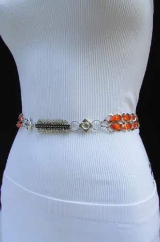 Silver Metal Chain with Colorful Shiny Fabric Skinny Belt