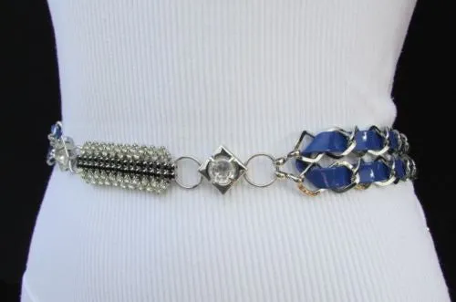 Silver Metal Chain with Colorful Shiny Fabric Skinny Belt