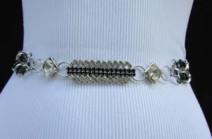 Silver Metal Chain with Colorful Shiny Fabric Skinny Belt
