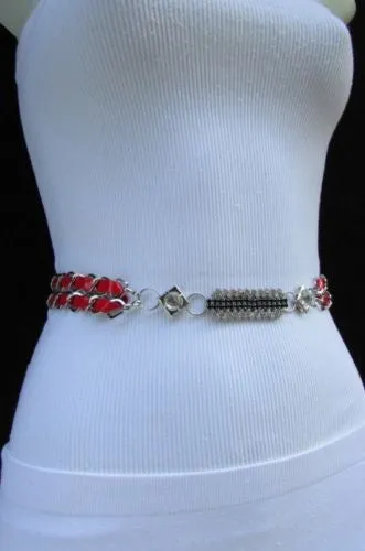 Silver Metal Chain with Colorful Shiny Fabric Skinny Belt