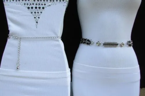 Silver Metal Chain with Colorful Shiny Fabric Skinny Belt