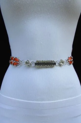 Silver Metal Chain with Colorful Shiny Fabric Skinny Belt