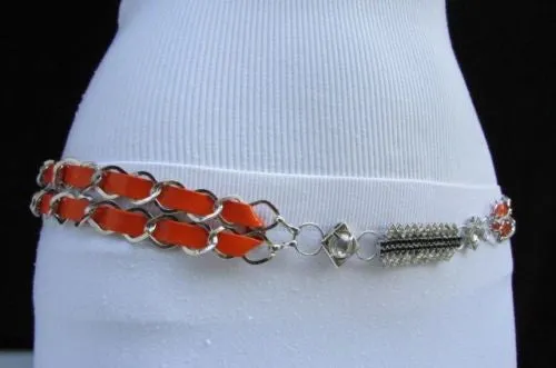 Silver Metal Chain with Colorful Shiny Fabric Skinny Belt