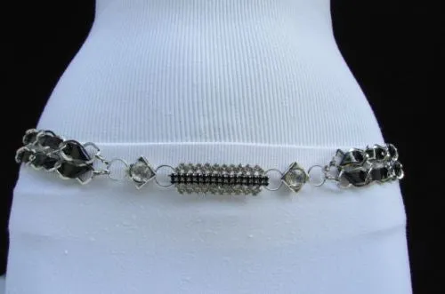 Silver Metal Chain with Colorful Shiny Fabric Skinny Belt
