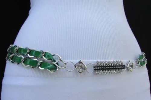 Silver Metal Chain with Colorful Shiny Fabric Skinny Belt