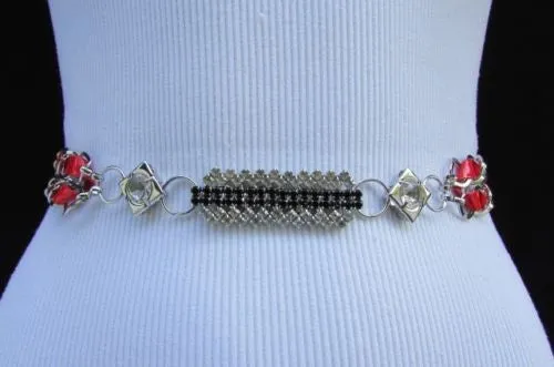 Silver Metal Chain with Colorful Shiny Fabric Skinny Belt